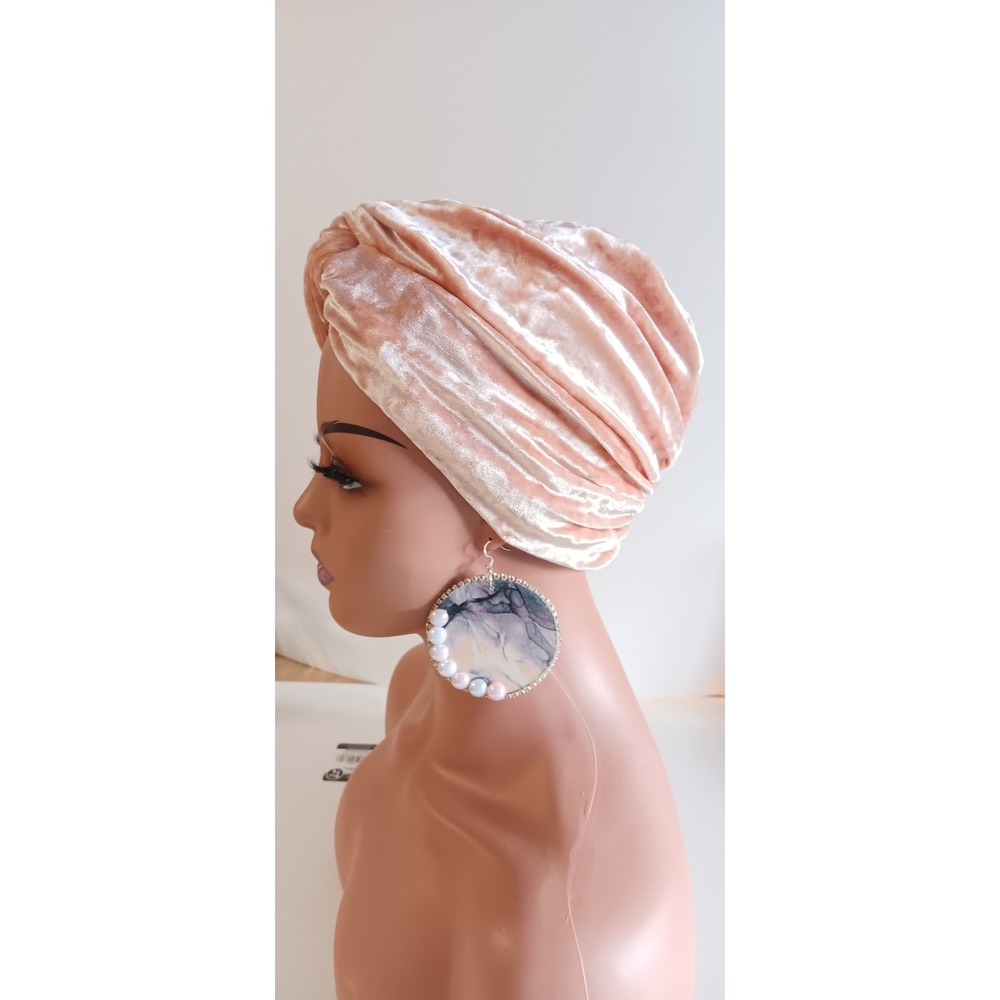 Copper Tan Crushed Velvet Front Twist Turban Cap Bohemian Hijab Head Covering